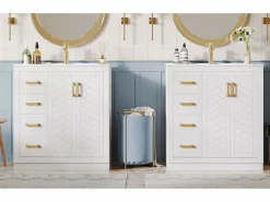New 2 Muebles de baño de cerámica - 76,5 x 46,5 x 84,5 cm - con 3 cajones + estante lateral + 2 puertas - MDF - Mueble De Baño Simple