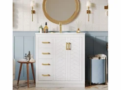 New 2 Muebles de baño de cerámica - 76,5 x 46,5 x 84,5 cm - con 3 cajones + estante lateral + 2 puertas - MDF - Mueble De Baño Simple