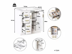 New 2 Muebles de baño de cerámica - 76,5 x 46,5 x 84,5 cm - con 3 cajones + estante lateral + 2 puertas - MDF - Mueble De Baño Simple