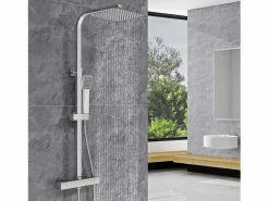 Online Aica 2 columnas de ducha termostáticos en cromo brillante con rociador cuadrado y ducha de mano con columna ajustable Plateado