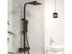 Outlet Aica 2 columnas de duchas termostáticas con duchas cuadradas y duchas de mano con columnas orientables (negro mate y cromo brillante) Plateado