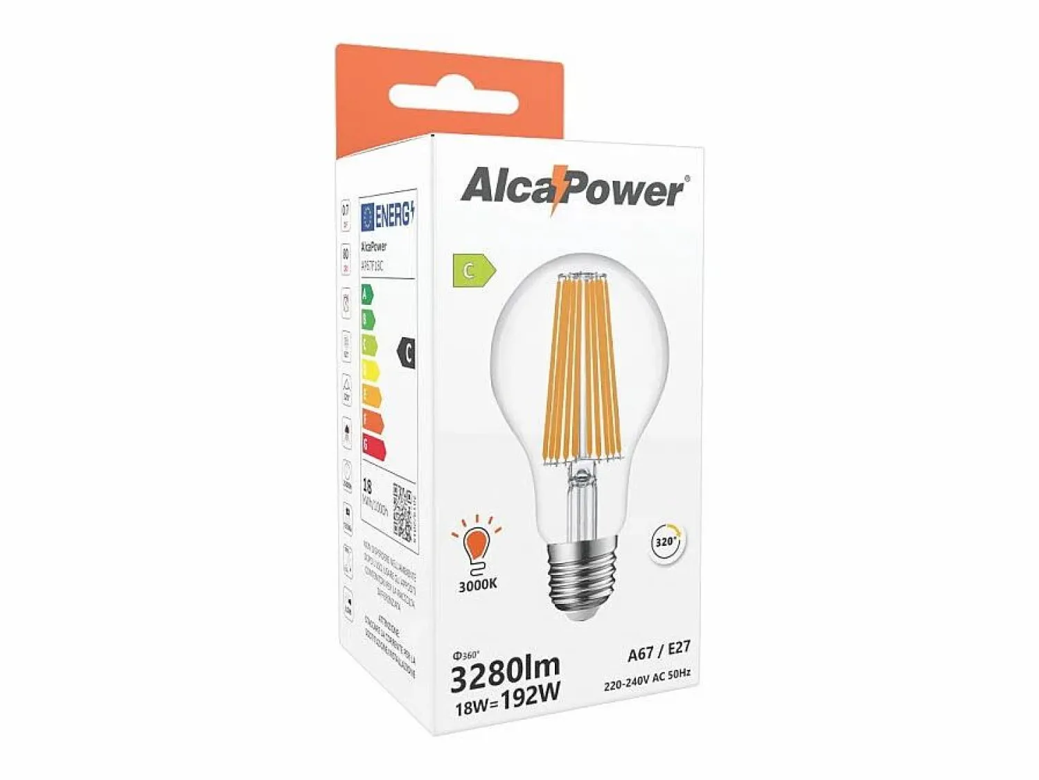 Hot Alcapower - Bombilla LED E27 A67 de 18 W, 3280 lm, ángulo de 320°, clase energética C, Ø67 mm, luz instantánea, larga duración (3000 K) Transparente