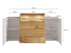 Aparador 150 cm para salón – moderno, de pie con 3 cajones, hueco y puertas laterales, cuerpo roble wotan mate y frentes blanco brillo