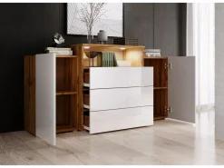 Aparador 150 cm para salón – moderno, de pie con 3 cajones, hueco y puertas laterales, cuerpo roble wotan mate y frentes blanco brillo