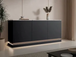 Sale Vente-unique Aparador 3 puertas con LEDs de MDF - Negro y efecto mármol blanco - DEVIKA de Pascal MORABITO Negro / Blanco