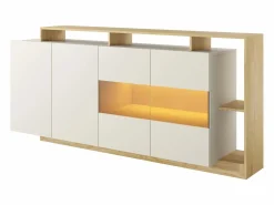 Discount Vente-unique Aparador 4 puertas y 4 nichos con LEDs - Beige y Natural claro - IDESIA Beige / Color natural claro