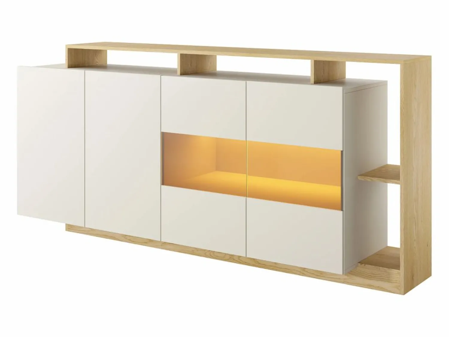 Discount Vente-unique Aparador 4 puertas y 4 nichos con LEDs - Beige y Natural claro - IDESIA Beige / Color natural claro