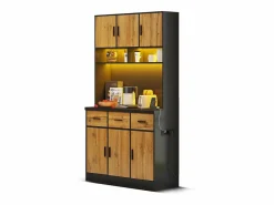 Online Aparador alto con 6 puertas y 3 cajones - 100 x 40 x 180 cm - LED y puerto de carga - Madera MDF - Estantes regulables - Natural + negro Aparador De Cocina