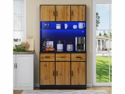 Online Aparador alto con 6 puertas y 3 cajones - 100 x 40 x 180 cm - LED y puerto de carga - Madera MDF - Estantes regulables - Natural + negro Aparador De Cocina
