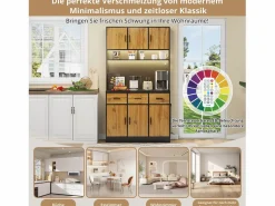 Online Aparador alto con 6 puertas y 3 cajones - 100 x 40 x 180 cm - LED y puerto de carga - Madera MDF - Estantes regulables - Natural + negro Aparador De Cocina