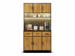 Online Aparador alto con 6 puertas y 3 cajones - 100 x 40 x 180 cm - LED y puerto de carga - Madera MDF - Estantes regulables - Natural + negro Aparador De Cocina