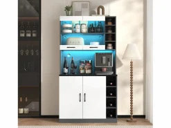Merax Aparador alto de cocina - 100 x 47 x 187 cm - con luces LED + 4 puertas + estantes ajustables - MDF + Acrílico -