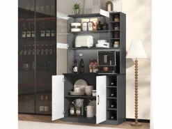Merax Aparador alto de cocina - 100 x 47 x 187 cm - con luces LED + 4 puertas + estantes ajustables - MDF + Acrílico -