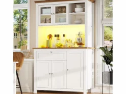 Discount Merax Aparador alto de cocina - 104 x 40 x 180 cm - con estantes regulables + LEDs + 5 puertas + 1 cajón - Metal + MDF - Blanco