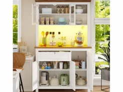 Discount Merax Aparador alto de cocina - 104 x 40 x 180 cm - con estantes regulables + LEDs + 5 puertas + 1 cajón - Metal + MDF - Blanco