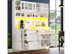 Merax Aparador alto de cocina - 145 x 39 x 171 cm - con LEDs + botellero + puertas de cristal + 3 cajones - cristal + MDF -