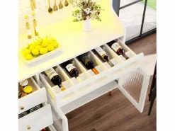 Merax Aparador alto de cocina - 145 x 39 x 171 cm - con LEDs + botellero + puertas de cristal + 3 cajones - cristal + MDF -