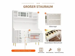 Merax Aparador alto de cocina - 145 x 39 x 171 cm - con LEDs + botellero + puertas de cristal + 3 cajones - cristal + MDF -
