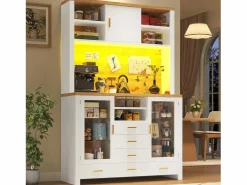 New Aparador alto de cocina - 120 x 40 x 188 cm - estilo rústico - con LED + 6 cajones + 3 puertas + estantes - MDF - Aparador De Cocina