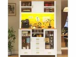 New Aparador alto de cocina - 120 x 40 x 188 cm - estilo rústico - con LED + 6 cajones + 3 puertas + estantes - MDF - Aparador De Cocina