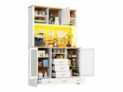 New Aparador alto de cocina - 120 x 40 x 188 cm - estilo rústico - con LED + 6 cajones + 3 puertas + estantes - MDF - Aparador De Cocina