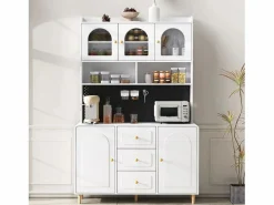 New Merax Aparador alto de cocina - 140 x 40 x 190 cm - con 3 cajones + 5 puertas + estantes - MDF - Blanco