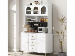 New Merax Aparador alto de cocina - 140 x 40 x 190 cm - con 3 cajones + 5 puertas + estantes - MDF - Blanco