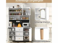 New Merax Aparador alto de cocina - 140 x 40 x 190 cm - con 3 cajones + 5 puertas + estantes - MDF - Blanco