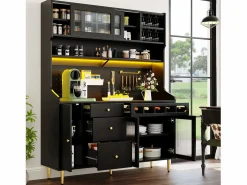 Clearance Aparador alto de cocina - 145 x 39 x 171 cm - con LED + botellero + puertas de cristal + 3 cajones - cristal + MDF - Aparador De Cocina