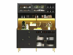Clearance Aparador alto de cocina - 145 x 39 x 171 cm - con LED + botellero + puertas de cristal + 3 cajones - cristal + MDF - Aparador De Cocina