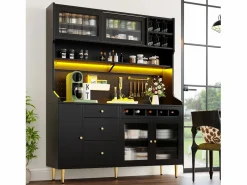 Clearance Aparador alto de cocina - 145 x 39 x 171 cm - con LED + botellero + puertas de cristal + 3 cajones - cristal + MDF - Aparador De Cocina