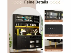 Clearance Aparador alto de cocina - 145 x 39 x 171 cm - con LED + botellero + puertas de cristal + 3 cajones - cristal + MDF - Aparador De Cocina