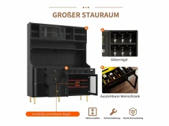Clearance Aparador alto de cocina - 145 x 39 x 171 cm - con LED + botellero + puertas de cristal + 3 cajones - cristal + MDF - Aparador De Cocina