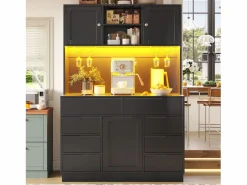Merax Aparador alto de cocina - 120 x 40 x 183,5 cm - con LED + USB + puertas magnéticas + 8 cajones - MDF -