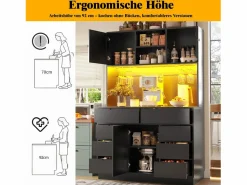 Merax Aparador alto de cocina - 120 x 40 x 183,5 cm - con LED + USB + puertas magnéticas + 8 cajones - MDF -