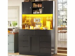 Merax Aparador alto de cocina - 120 x 40 x 183,5 cm - con LED + USB + puertas magnéticas + 8 cajones - MDF -