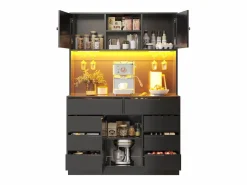 Merax Aparador alto de cocina - 120 x 40 x 183,5 cm - con LED + USB + puertas magnéticas + 8 cajones - MDF -