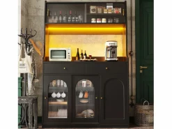 Merax Aparador alto de cocina - 120 x 40 x 180 cm - con estantes regulables + 2 cajones + 3 puertas + LED - MDF + PB -