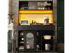Merax Aparador alto de cocina - 120 x 40 x 180 cm - con estantes regulables + 2 cajones + 3 puertas + LED - MDF + PB -
