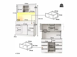 Hot Merax Aparador alto de cocina - 120 x 40 x 183,5 cm - con LED + USB + puertas magnéticas + 8 cajones - MDF - Blanco