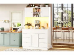 Hot Merax Aparador alto de cocina - 120 x 40 x 183,5 cm - con LED + USB + puertas magnéticas + 8 cajones - MDF - Blanco