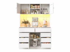 Hot Merax Aparador alto de cocina - 120 x 40 x 183,5 cm - con LED + USB + puertas magnéticas + 8 cajones - MDF - Blanco