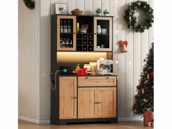 Best Merax Aparador alto de cocina - 105 x 40 x 180 cm - con cajón + 5 puertas + estantes + LED + enchufes - MDF - natural Color natural claro