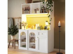 Outlet Merax Aparador alto de cocina - 120 x 35 x 167 cm - con estantes regulables + 3 puertas + 1 cajón + LED - MDF + PB - Blanco