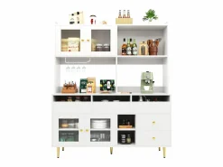 Discount Merax Aparador alto de cocina - 145 x 39 x 171 cm - con 4 puertas de cristal + 5 cajones - MDF - Blanco