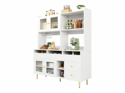 Discount Merax Aparador alto de cocina - 145 x 39 x 171 cm - con 4 puertas de cristal + 5 cajones - MDF - Blanco