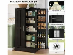 New Merax Aparador alto de cocina - 60 x 40 x 120 cm - con LED + 2 puertas con estantes regulables y baldas en la puerta - MDF - Negro