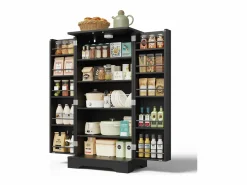 New Merax Aparador alto de cocina - 60 x 40 x 120 cm - con LED + 2 puertas con estantes regulables y baldas en la puerta - MDF - Negro
