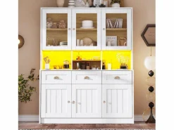 Discount Merax Aparador alto de cocina - 140 x 40 x 175 cm - con puertas + LED + 3 cajones - MDF - Blanco