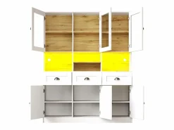Discount Merax Aparador alto de cocina - 140 x 40 x 175 cm - con puertas + LED + 3 cajones - MDF - Blanco